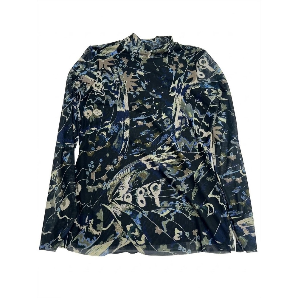 Ted Baker Rechel Mesh Top Womens 4 Navy Blue Floral Mock Neck Excellent Slim Fit
